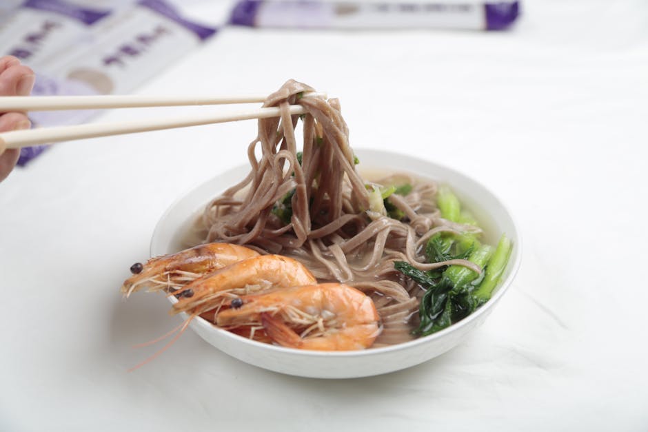 Soba-nudler med reker og purreløk