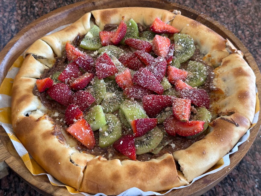 Eksotisk fruktpizza med flamberte frukter