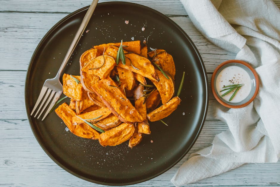 Ovnsbakte søtpoteter med løk og balsamico