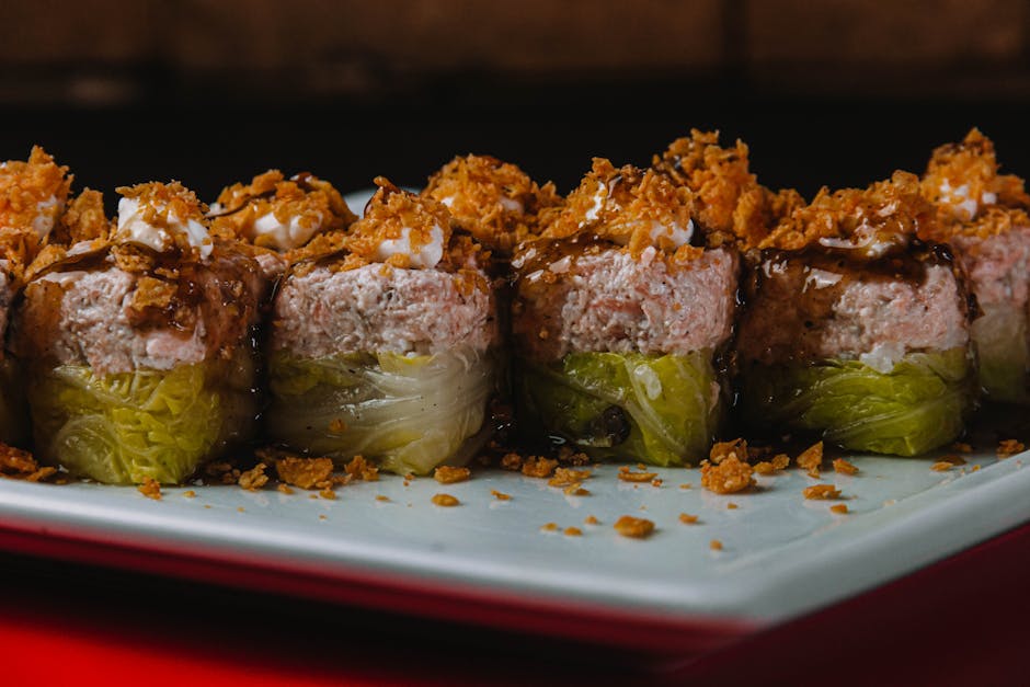 Sjømatruller med miso- og sennepssaus