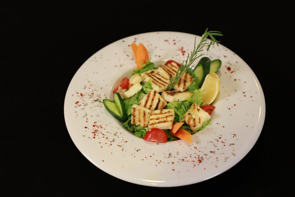 Halloumi-spyd med grønnsaker og gressløkolje