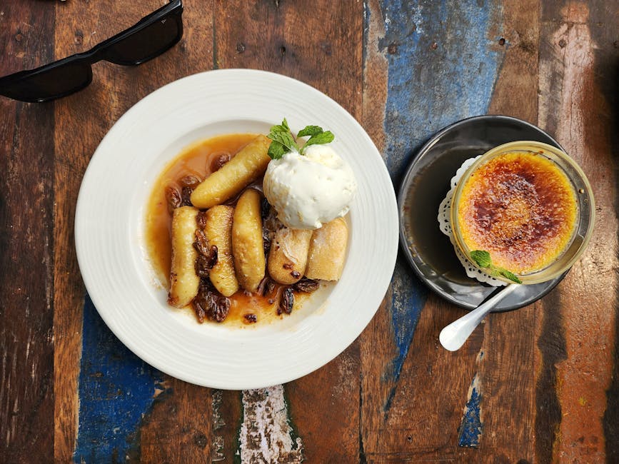 Karamellisert ananas og crème caramel med bananiskrem