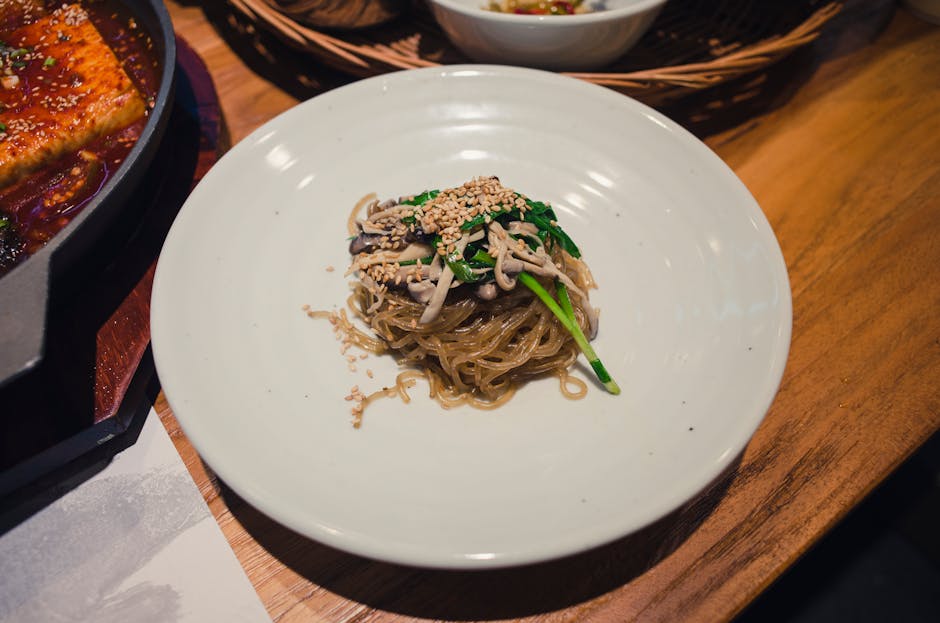 Bønnetrådnudler med shiitake og grønnsaker