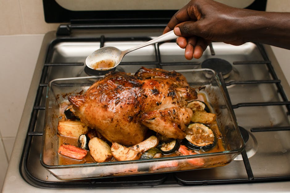 Ovnsbakt kylling med poteter og squash