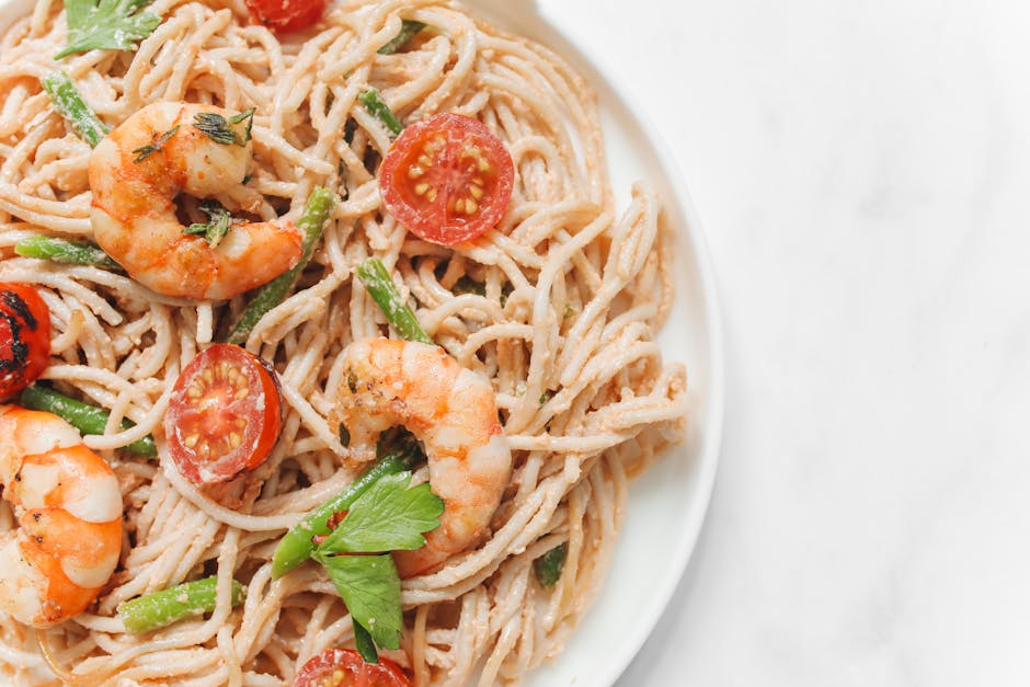 Pasta med reker, grønne og hvite bønner i peppersmør