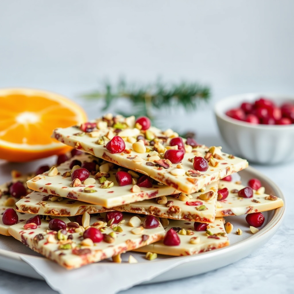 Pistasj, tranebær og kandisert appelsinskall i sjokoladebark