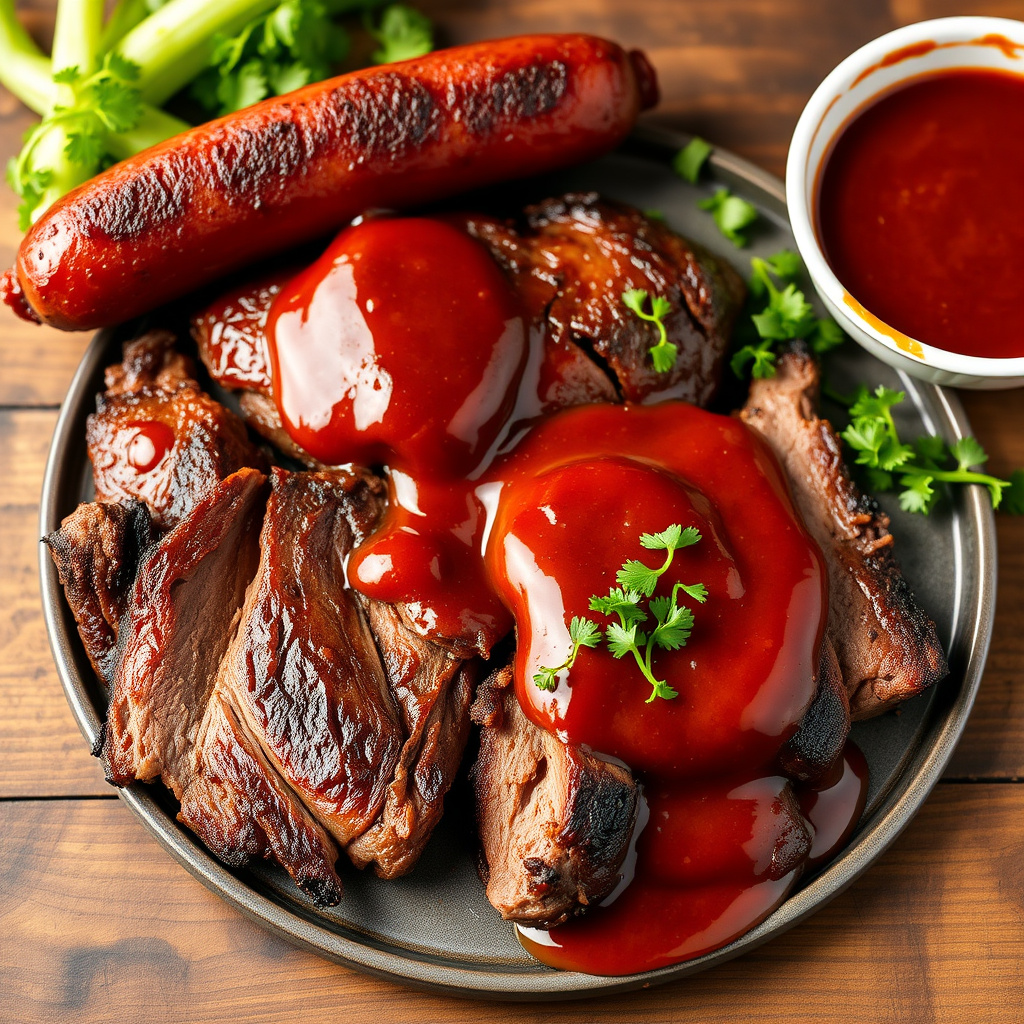 Pit-grillet oksebryst og varmgrillet pølse med Texas-barbecuesaus