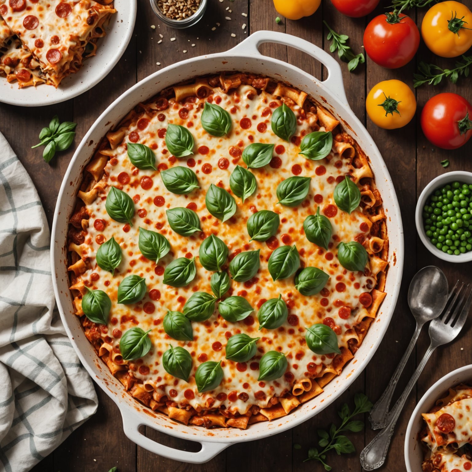 Pizza grateng med nudler og pepperoni