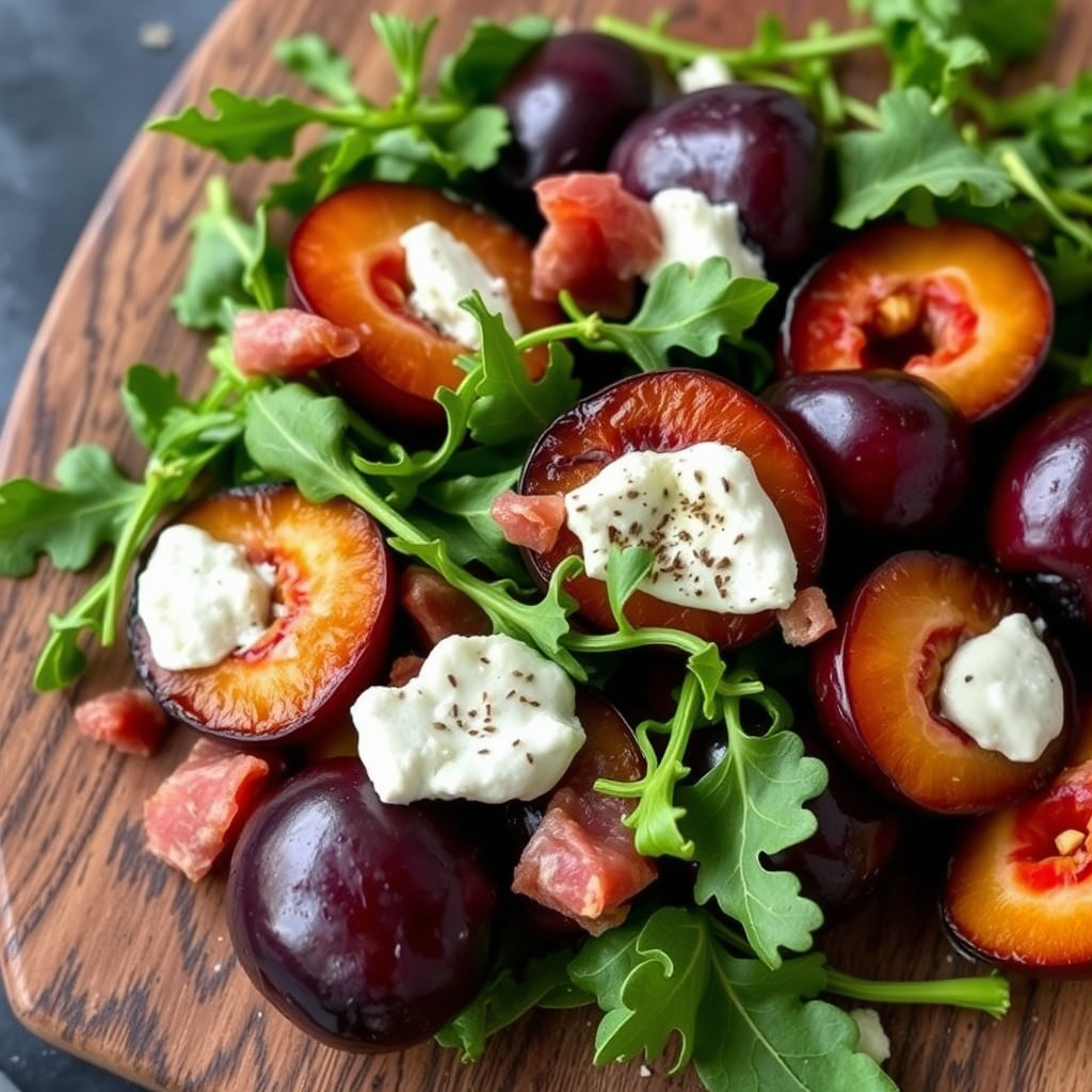 Plommer med prosciutto, geitost og ruccola