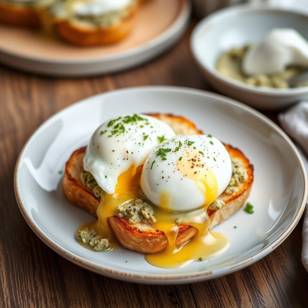 Poached Eggs og Parmesanost på ristet brioche med pistou