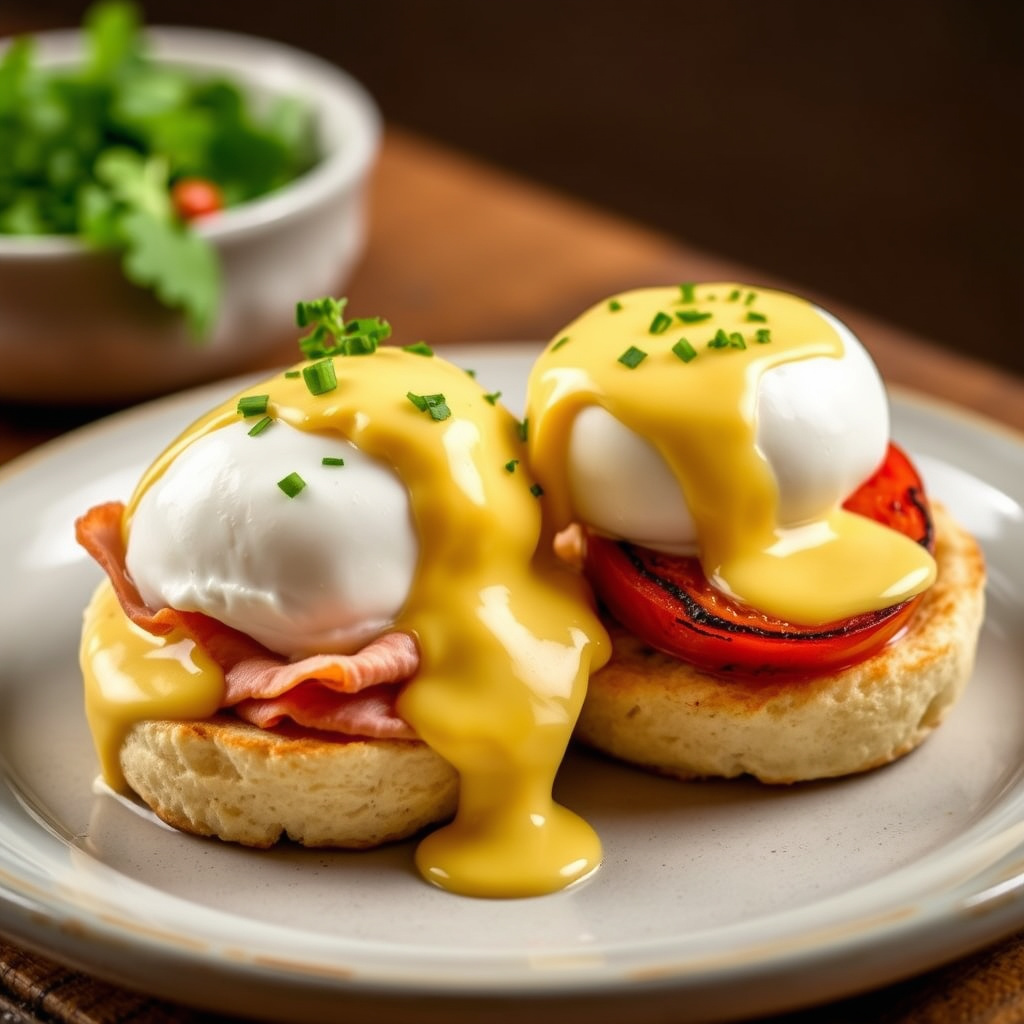 Poached Eggs, Tasso Ham, Grillet Tomat og Cajun Hollandaise med engelske muffins