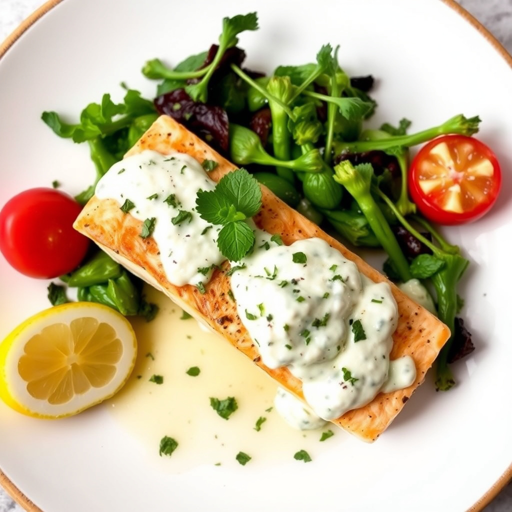 Poached Salmon med sitron- og myntetzatziki