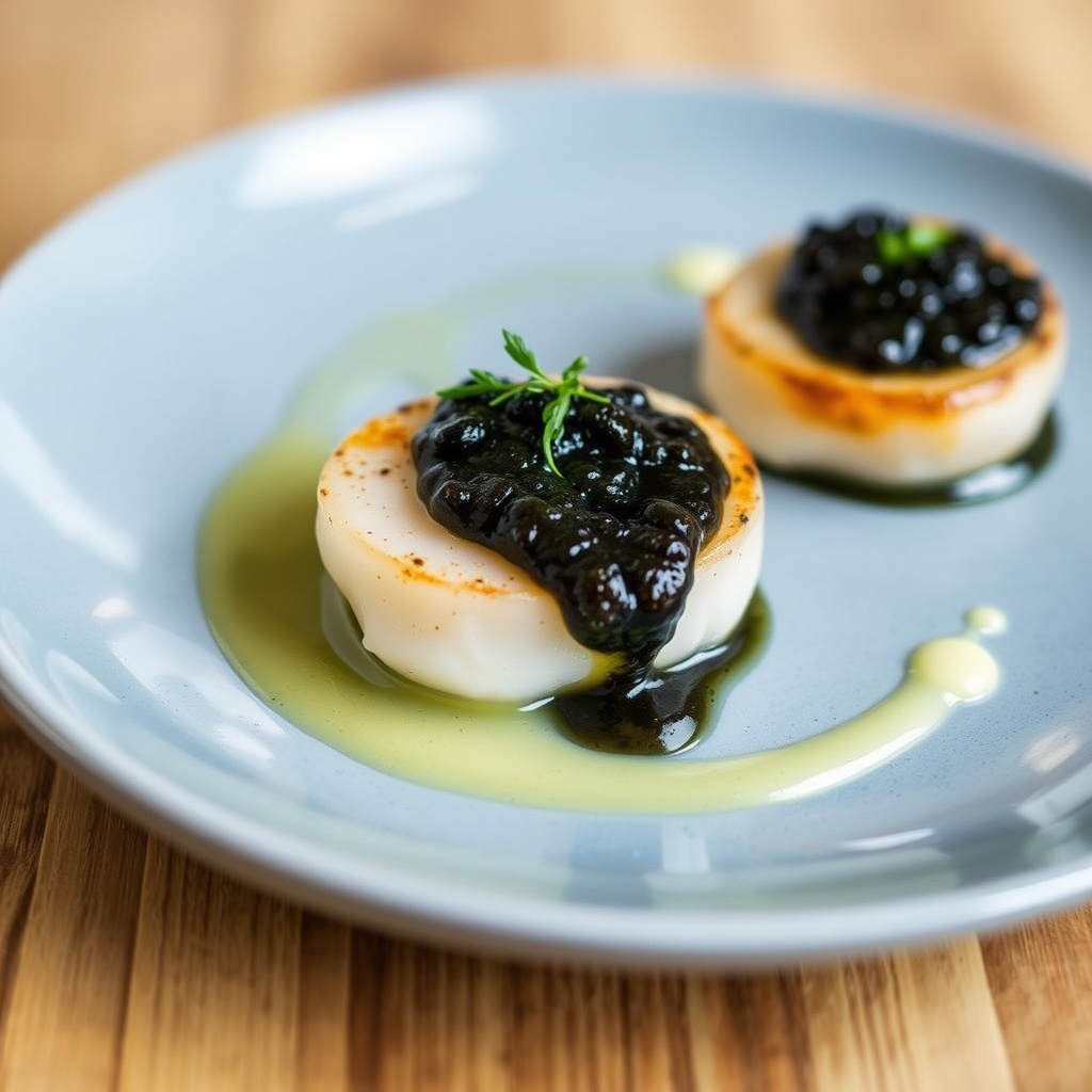 Pocherte kamskjell med kaviarsaus