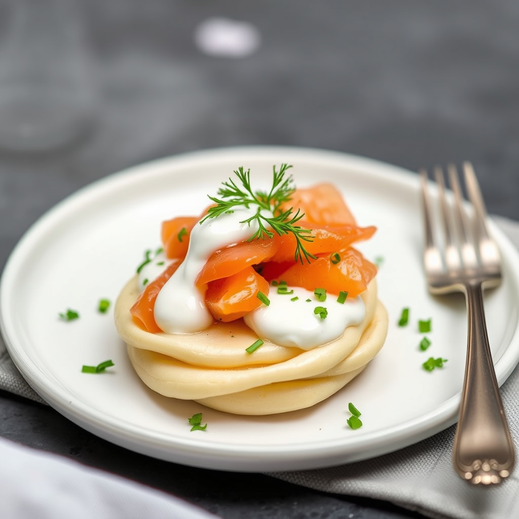 Poi Blini med røkelaks "Lomi Lomi" og dillkremfrais