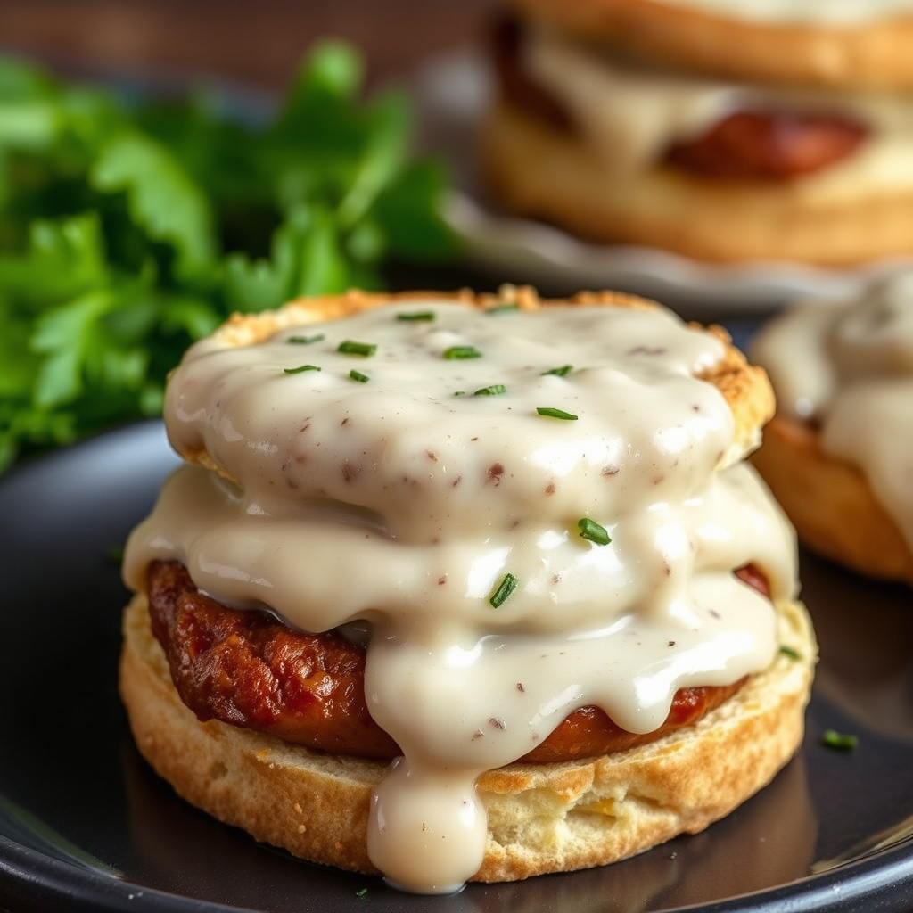 Pølse, engelsk muffins, og kremet saus-sandwich