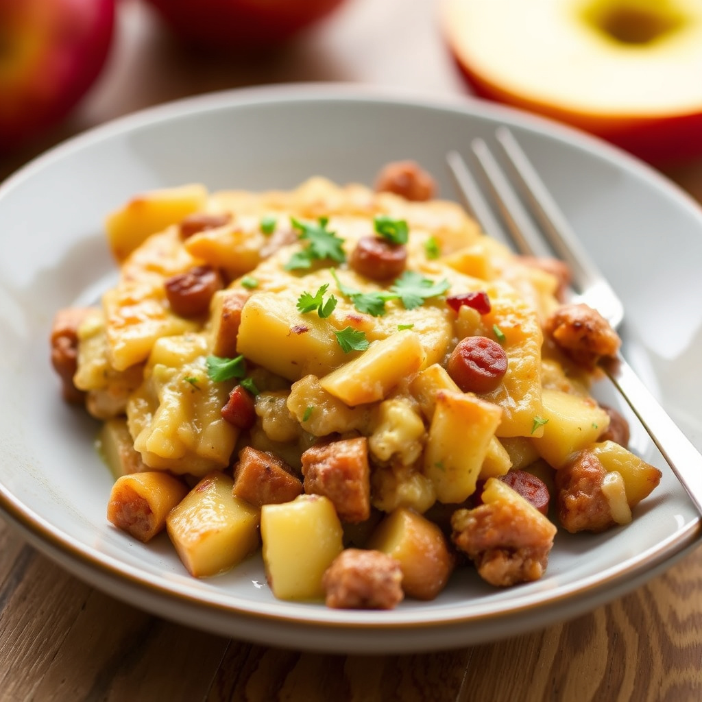 Pølse- og eplefrokostgrateng