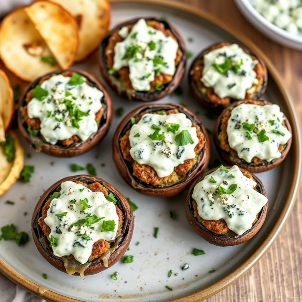 Portobellosopp fylt med pølse og gorgonzola