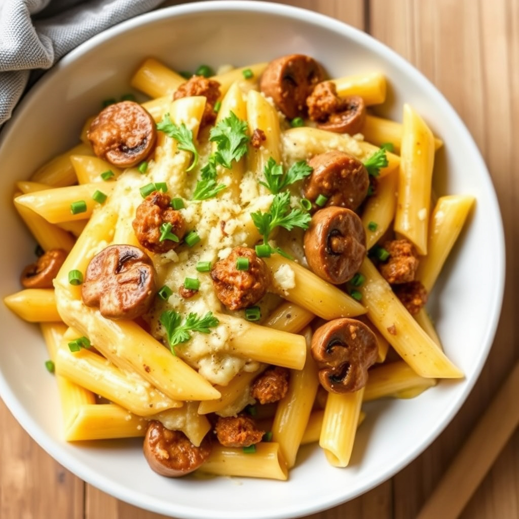 Pølse- og soppgratinert penne