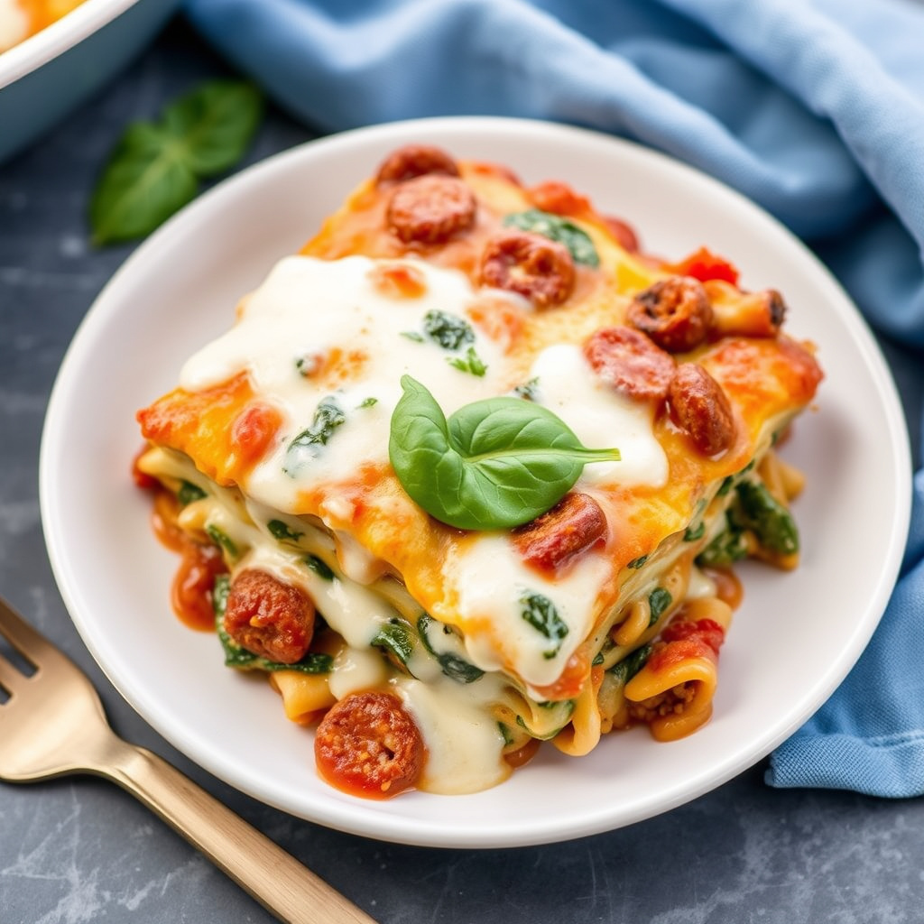 Pølse og spinat Alfredo-lasagne