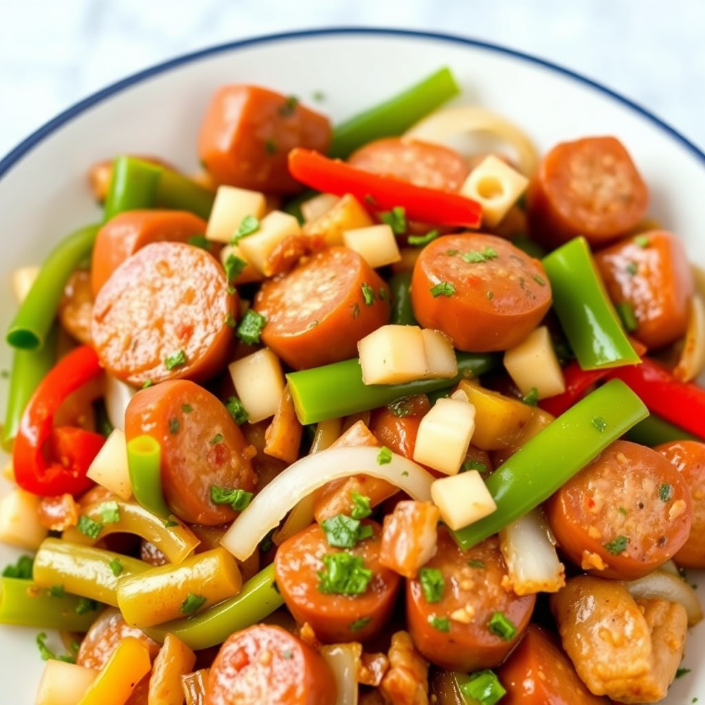 Pølse, paprika og løk