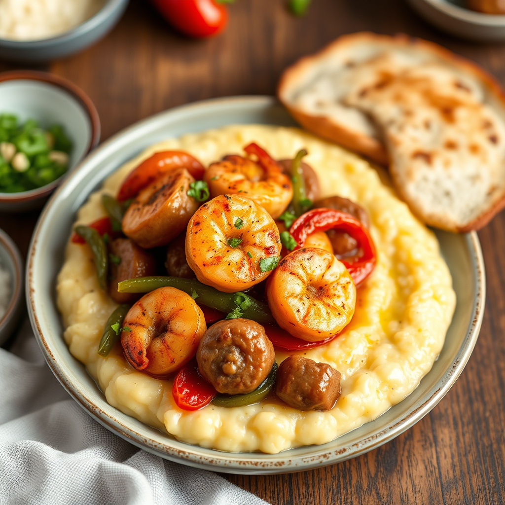 Pølse, reker og paprika over ostete grits
