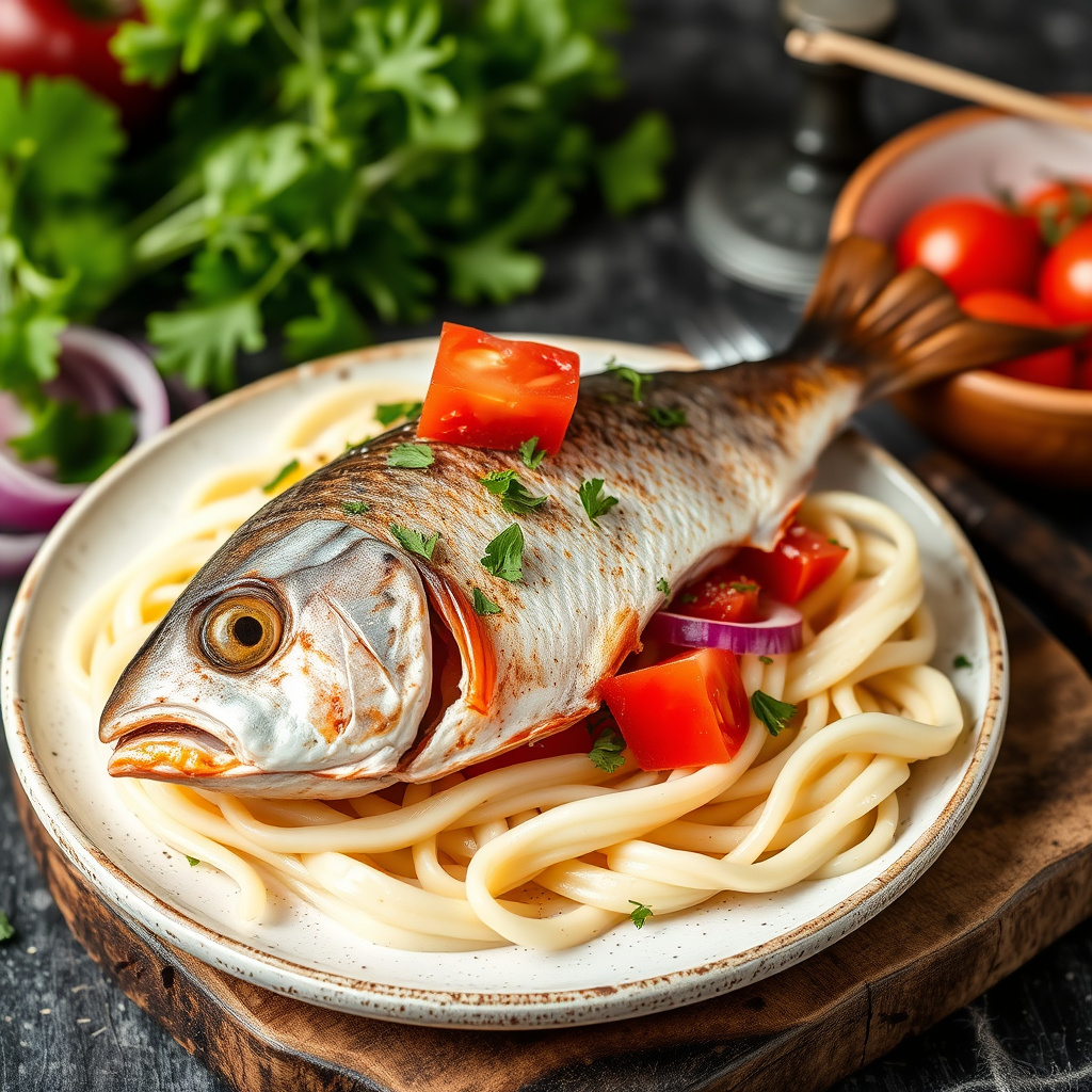 Pompano med rødløk og tomat