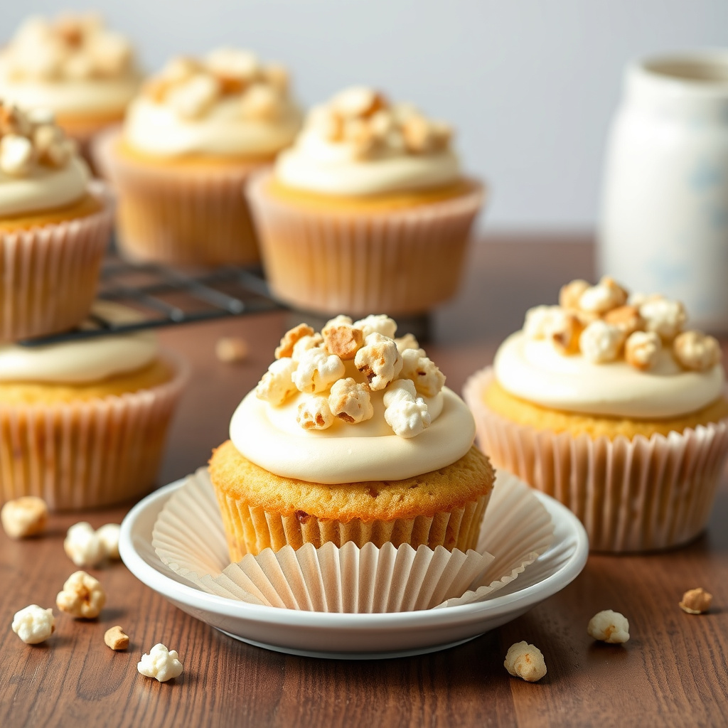 Popcorn- og peanøttcupcakes med karamell og fudge