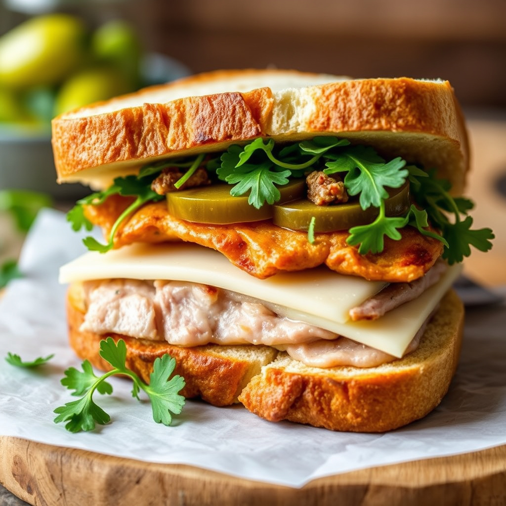 Pork Panini med to oster, sylteagurk og vannkresse på surdeigsbrød