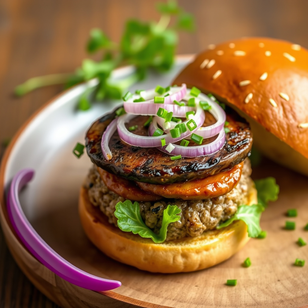 Portobelloburger med sopp og løk som topping