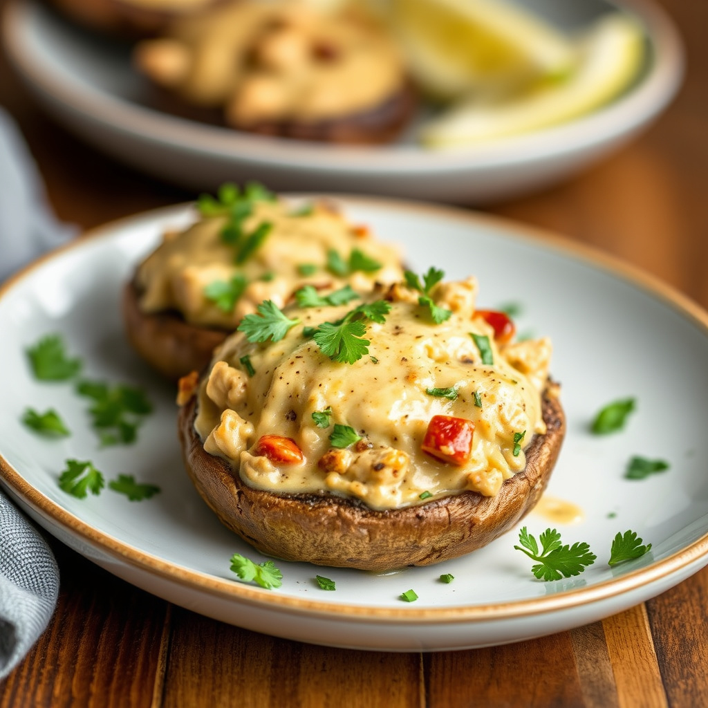 Fylte portobelloburgere med kylling og grillet grønnsaker