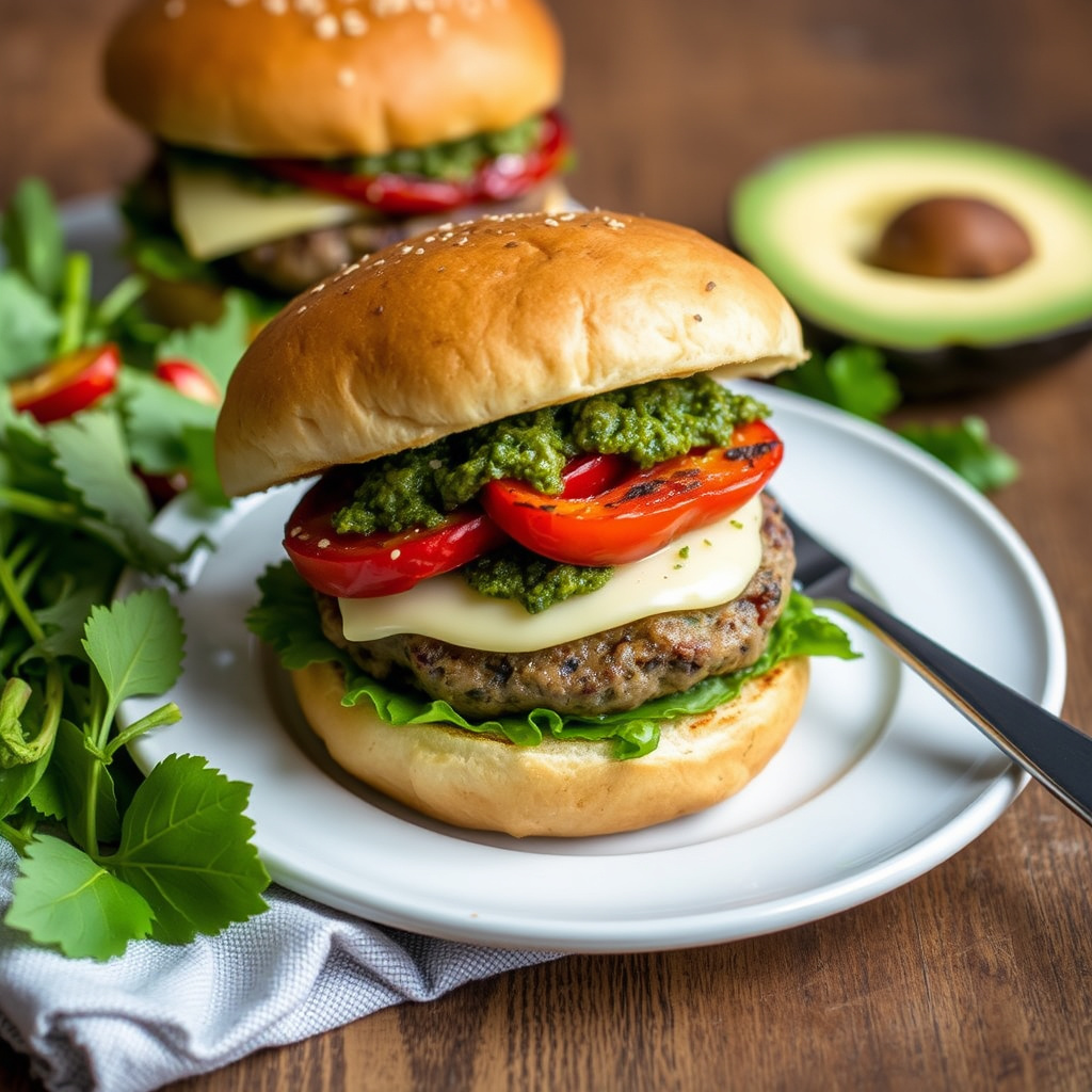 Portobelloburgere med pesto, provolone og ovnsbakt paprika