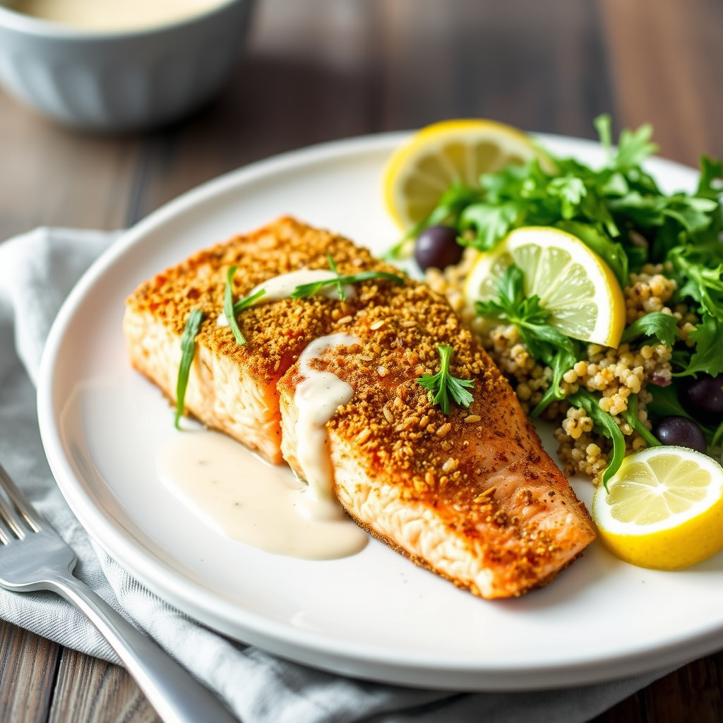 Potet-krustet Alaskalaks med ruccola, quinoa-salat og sitron beurre blanc