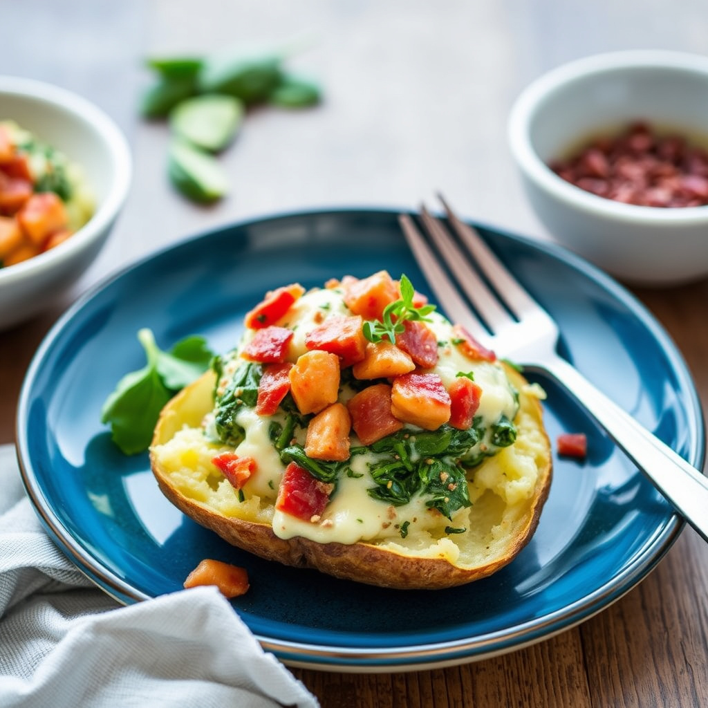 Poteter fylt med spinat og bacon