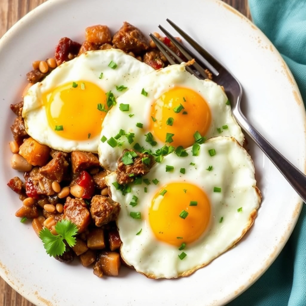 Potetgryte med kjøtt og stekte egg