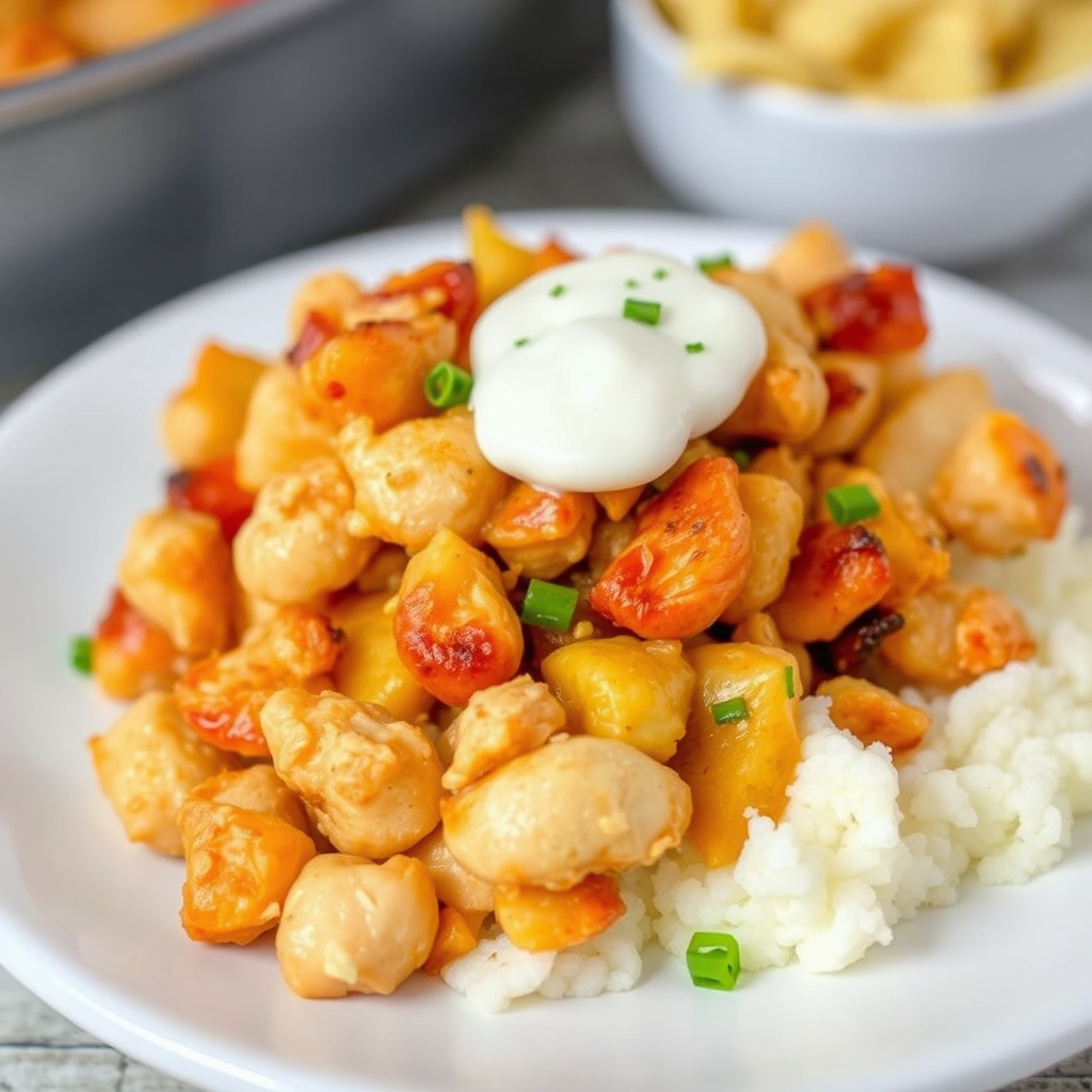 Kremet kylling- og risgrateng med potetgulltopping