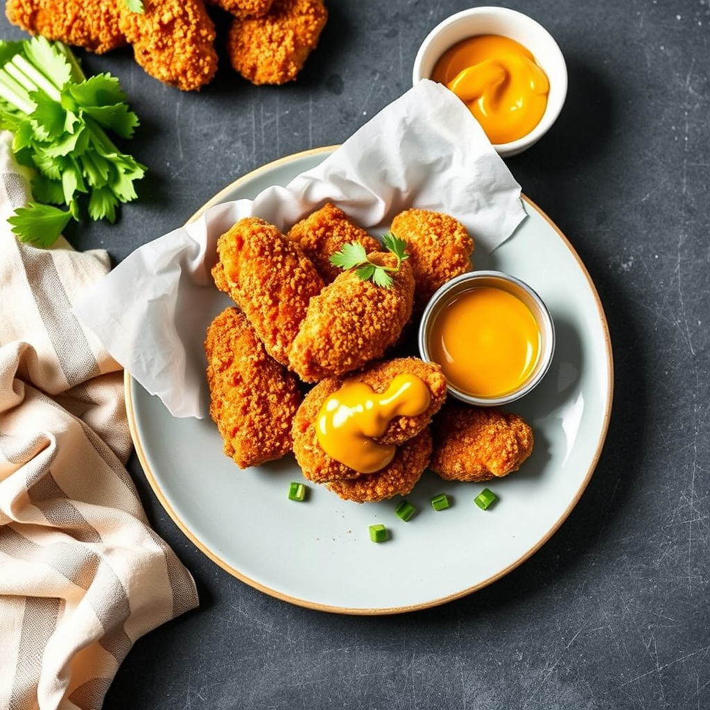 Pretzel-innbakt kyllingfinger med curryketchup