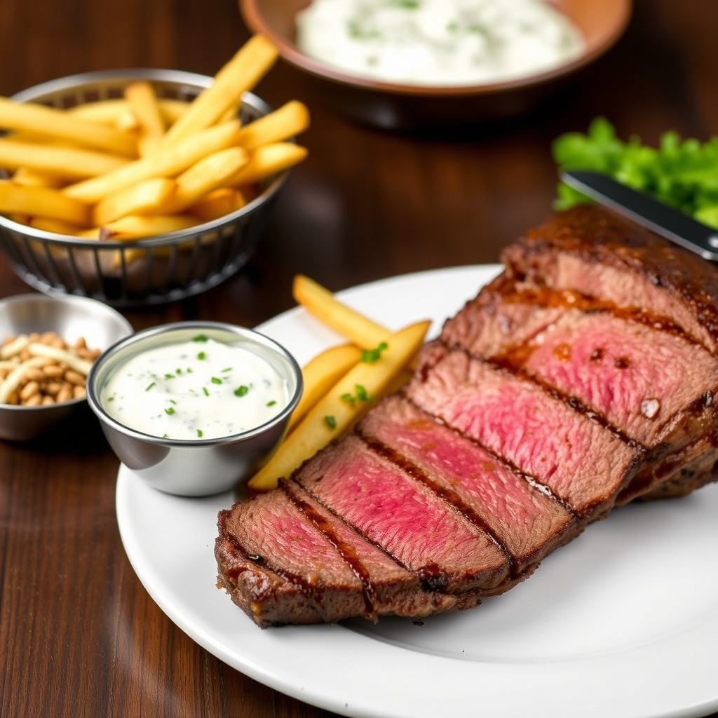 Prime rib med shoestring fries og Cabrales blåmuggostdip