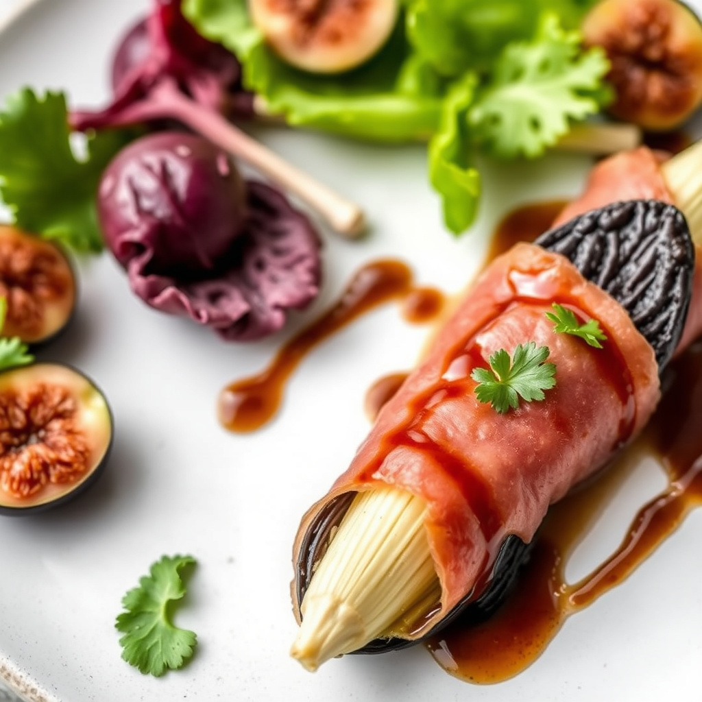 Prosciutto-innpakket endiv og radicchio med balsamico-fikenreduksjon