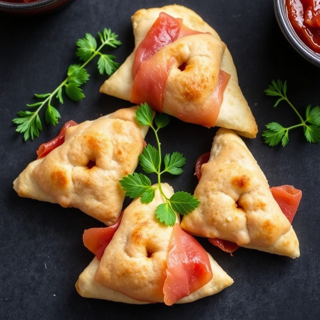 Pitabrødtrekanter med prosciutto, chevre og druer