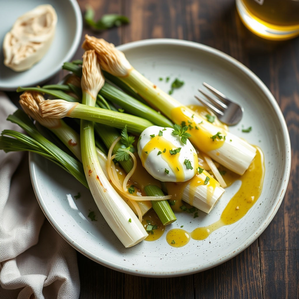 Purreløksvinaigrette med burrataost og sennep