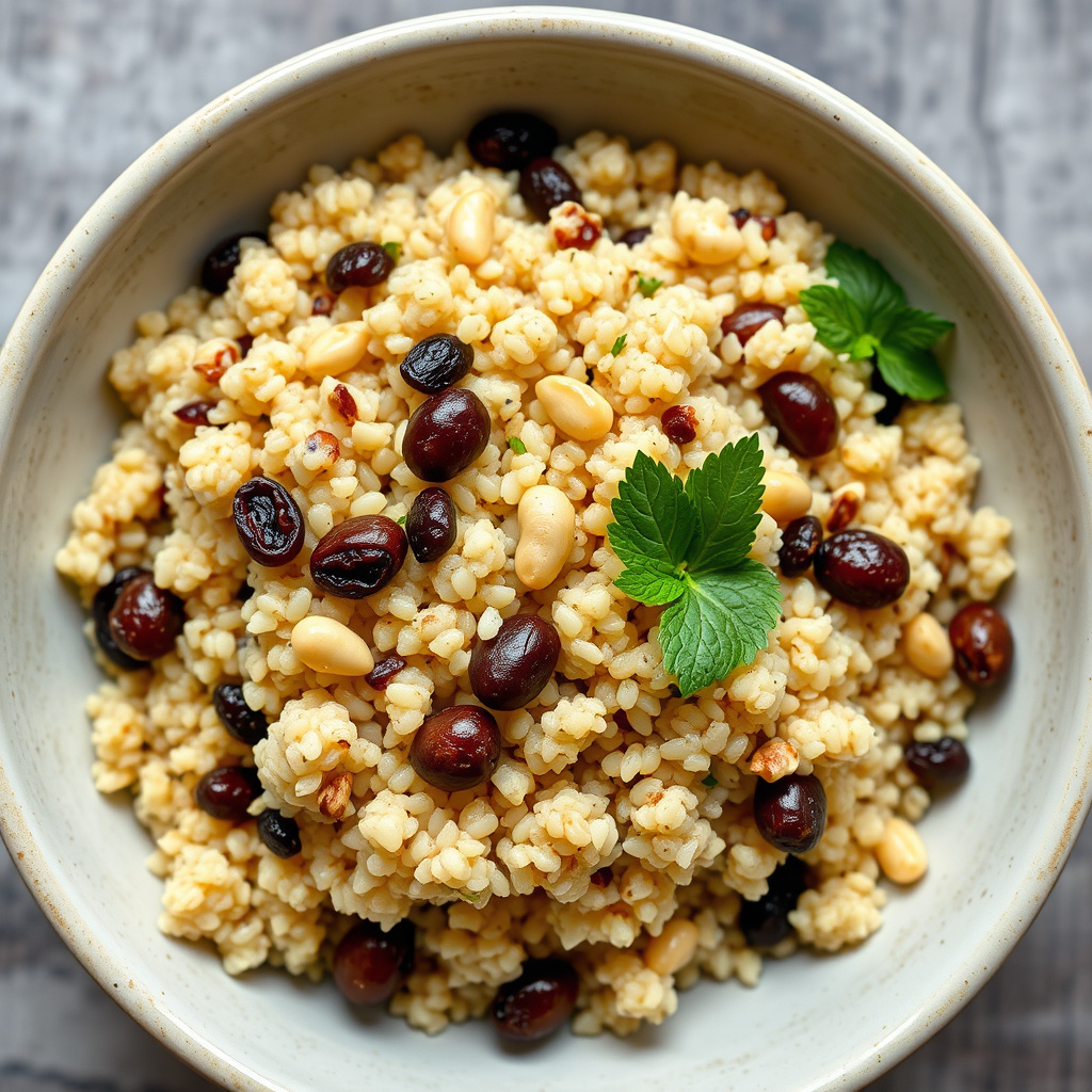 Quinoa med hvitløk, pinjekjerner og rosiner