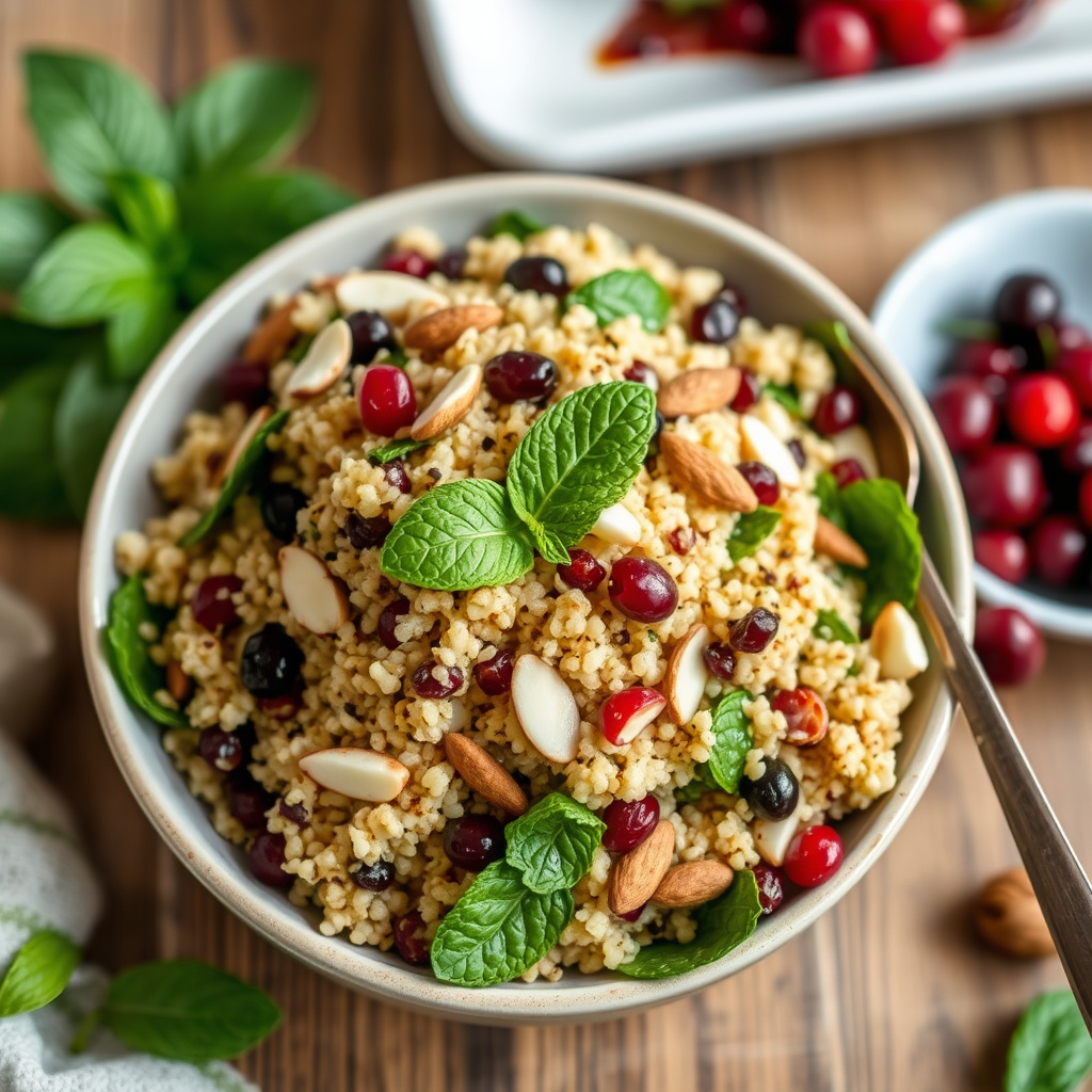 Quinoasalat med mynte, mandler og tranebær