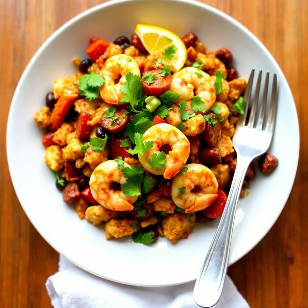 Rask paella med chorizo, reker og kylling