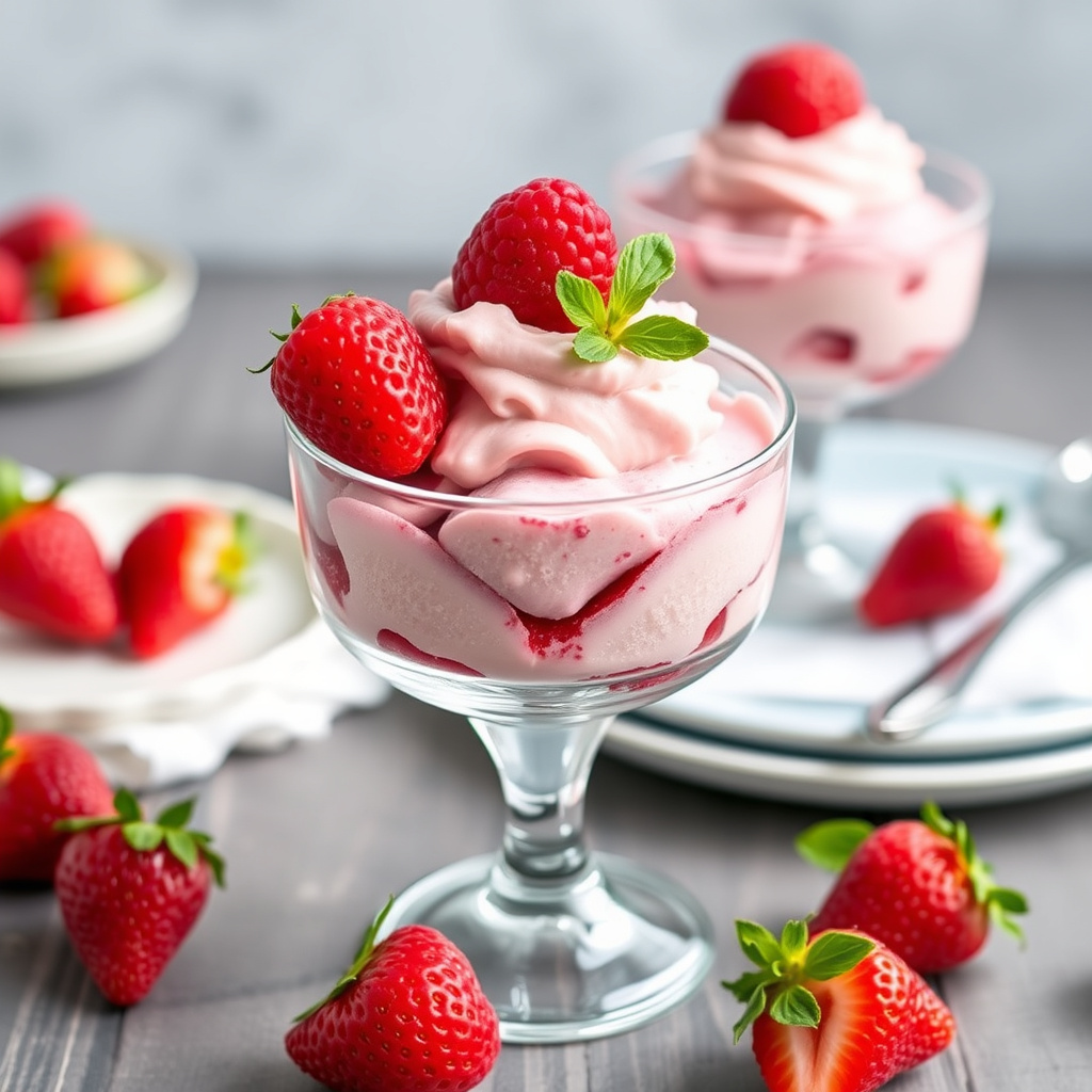 Raskfrosset bringebærdessert med jordbær