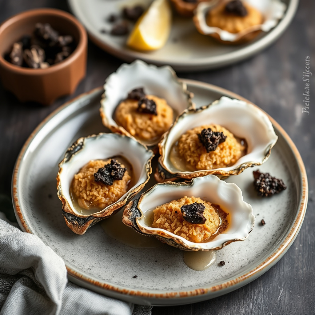 Raskstekte østers "i smoking" med svarte og hvite trøfler