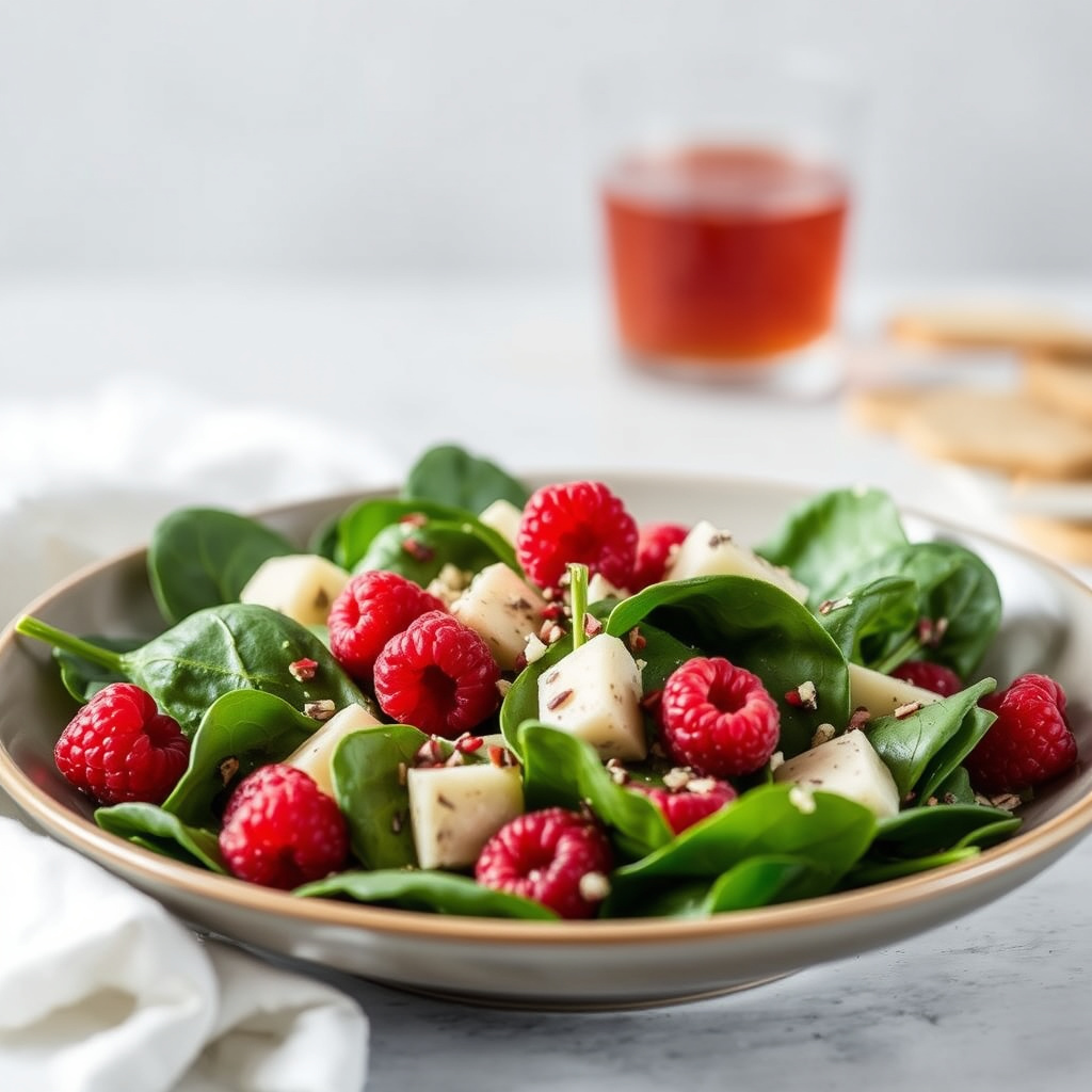Frisk spinatsalat med bringebær og jalapeño
