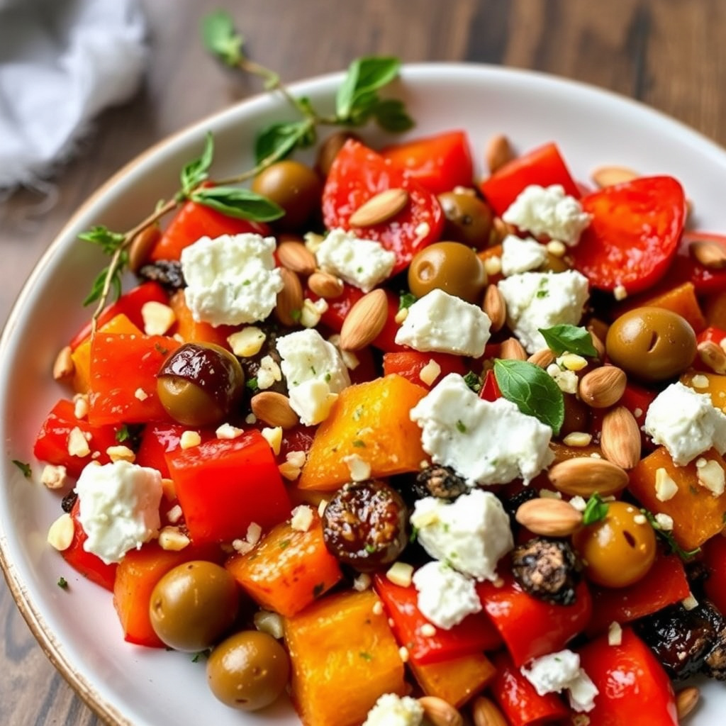 Ratatouille med fetaost, grønne oliven og mandler