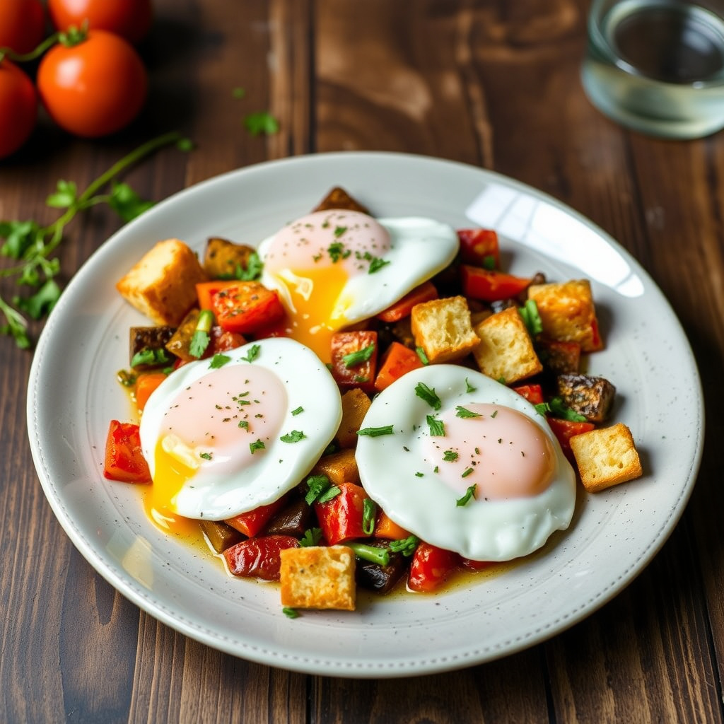Ratatouille med posjerte egg og hvitløkskrutonger