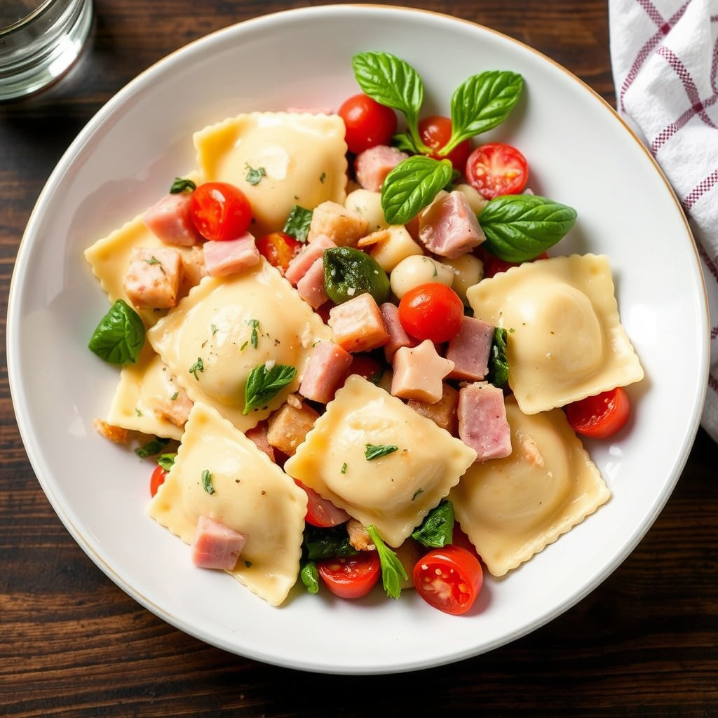 Raviolisalat med grønnsaker og skinke