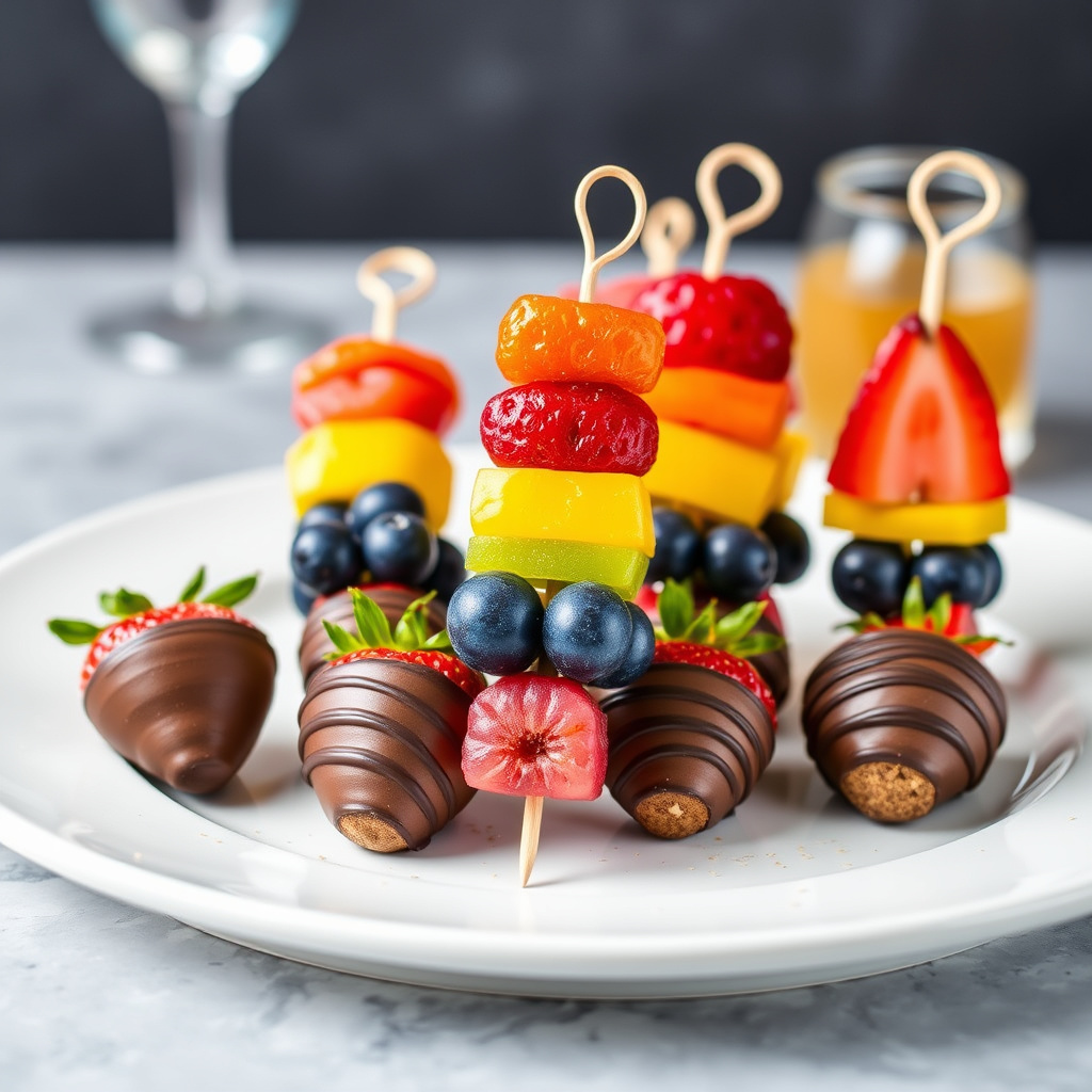 Regnbuefruktspyd med sjokoladetrukne jordbær